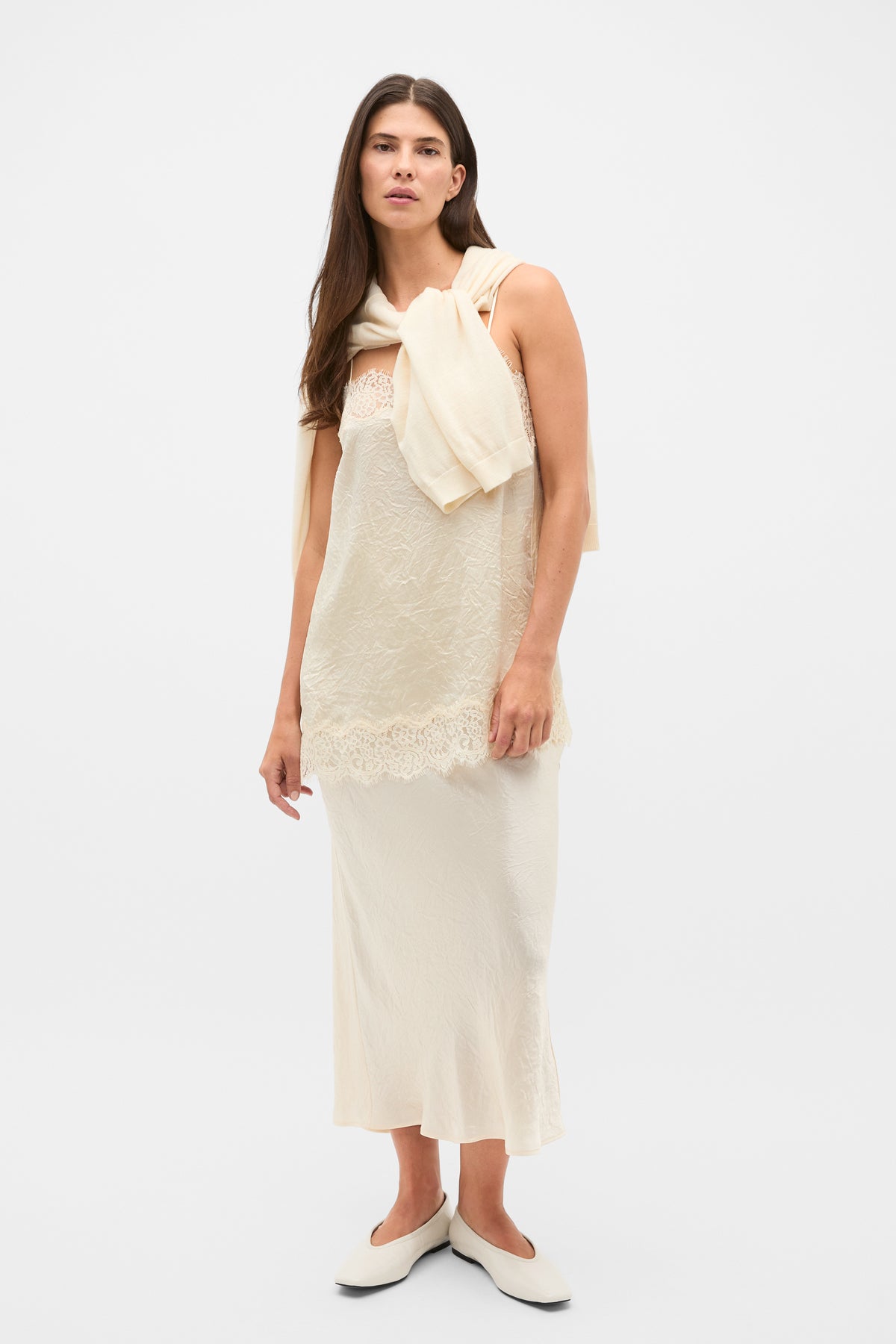 Crinkled Satin Lace Square Neck Cami