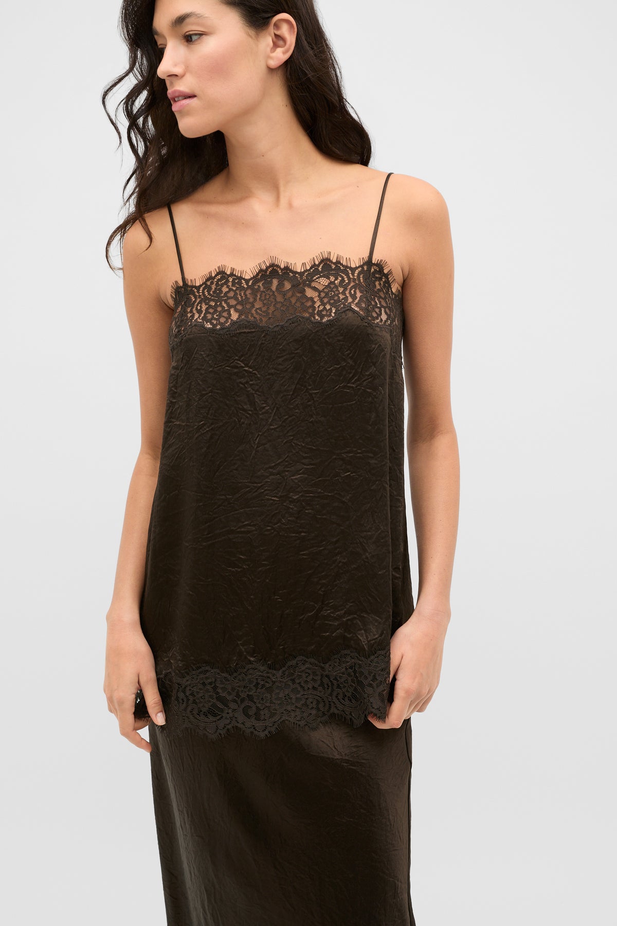 Crinkled Satin Lace Square Neck Cami
