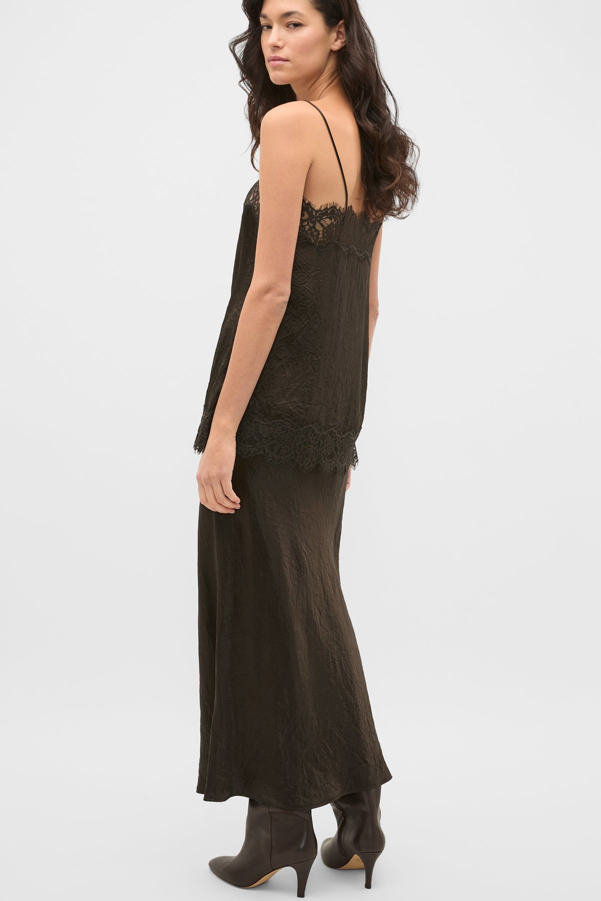 Crinkled Satin Lace Square Neck Cami