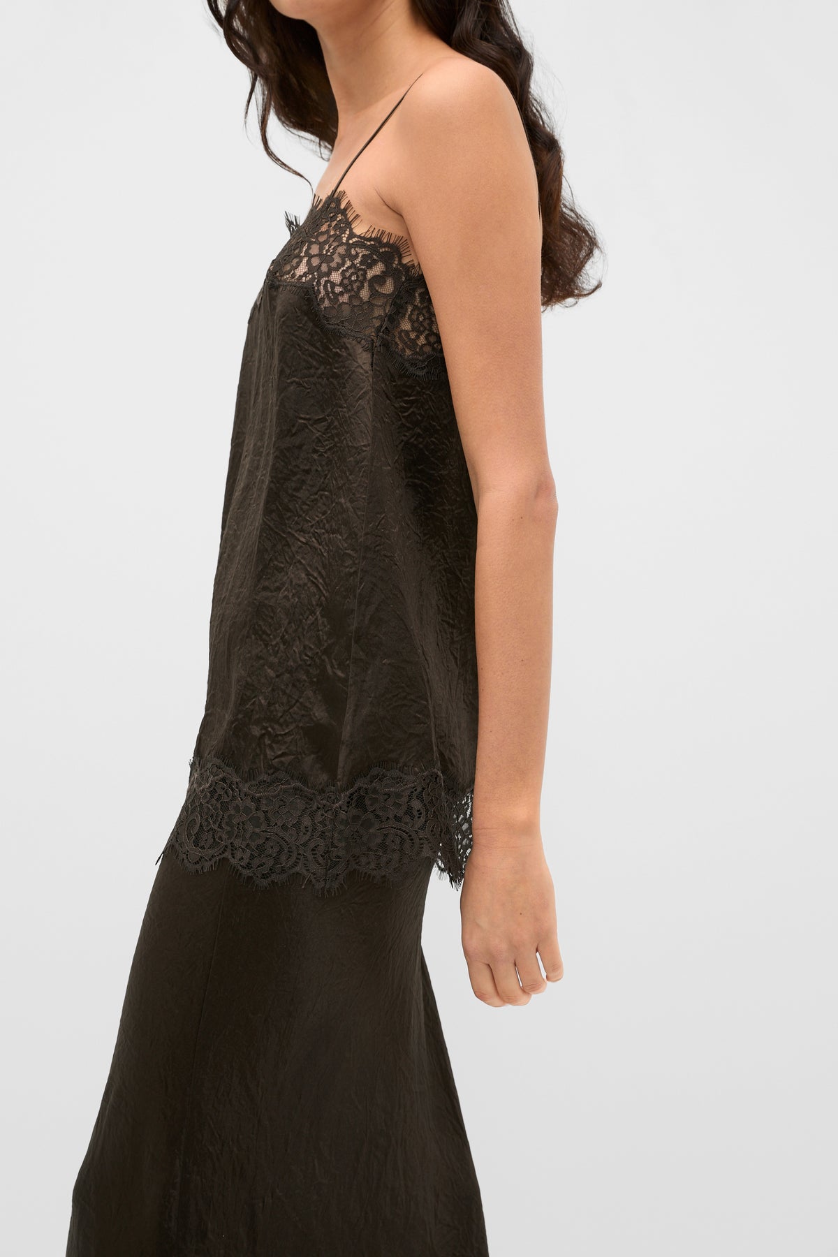 Crinkled Satin Lace Square Neck Cami