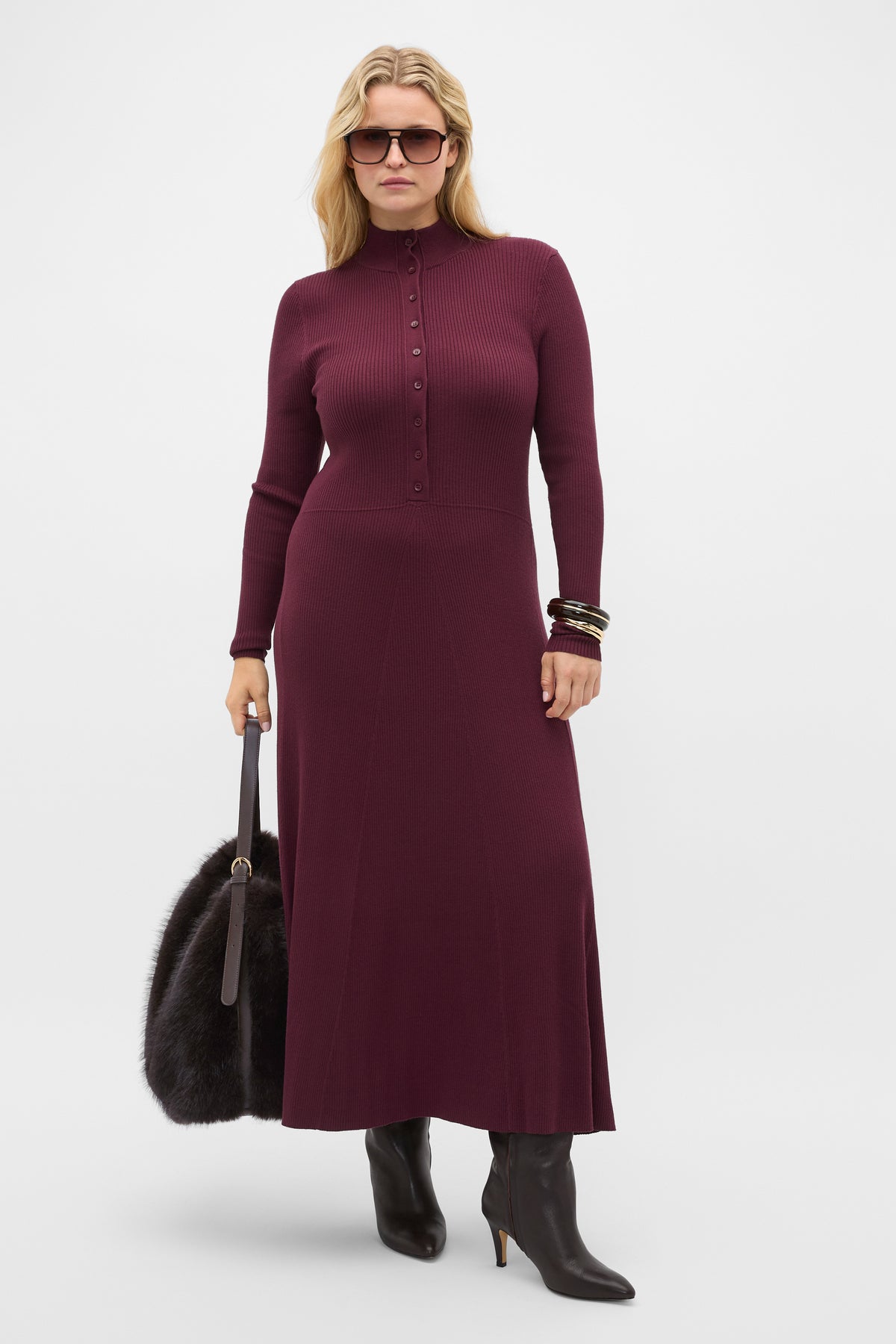 Button Down Mock Neck Knit Dress
