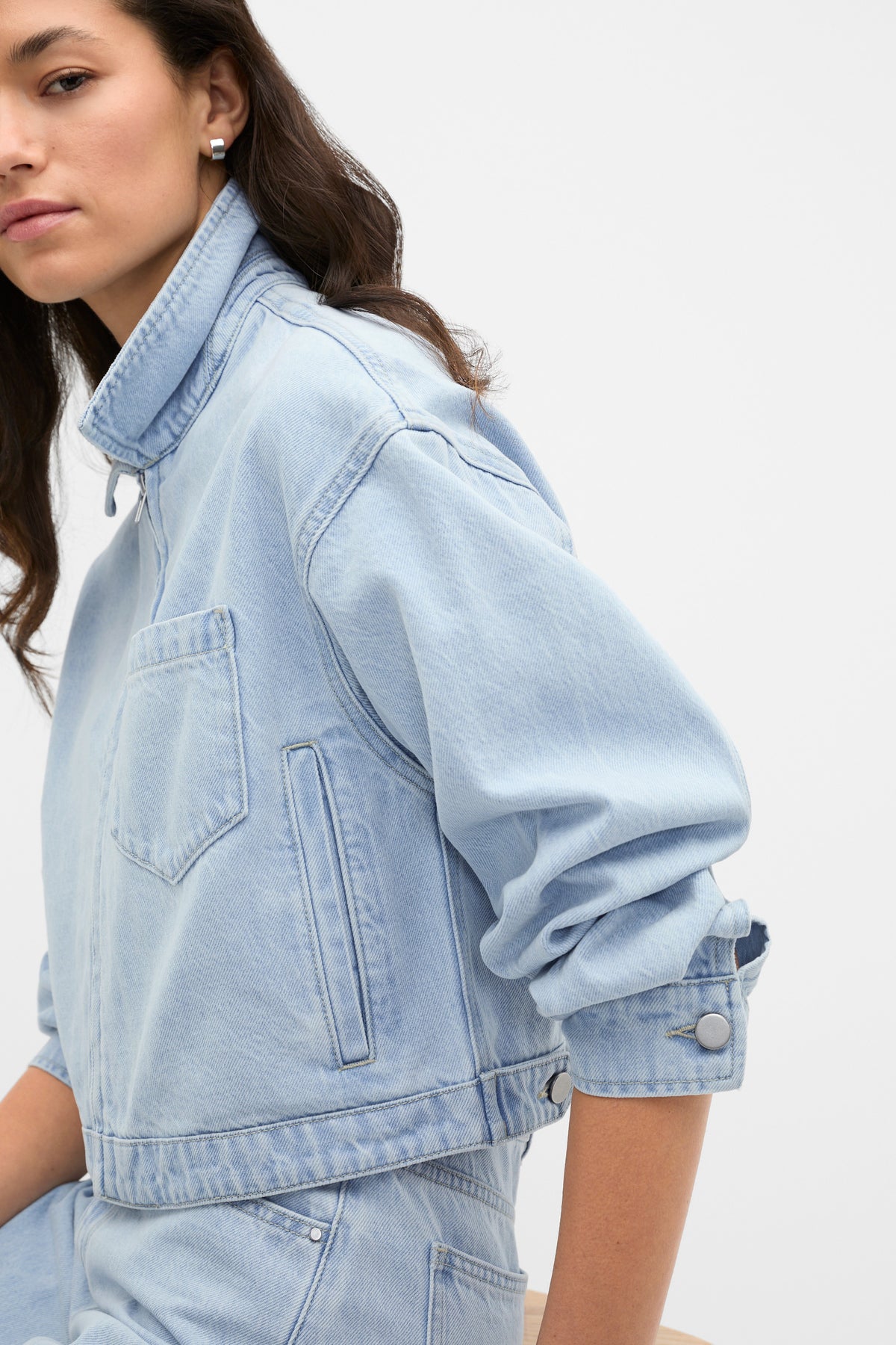 Cropped Zip Front Denim Jacket