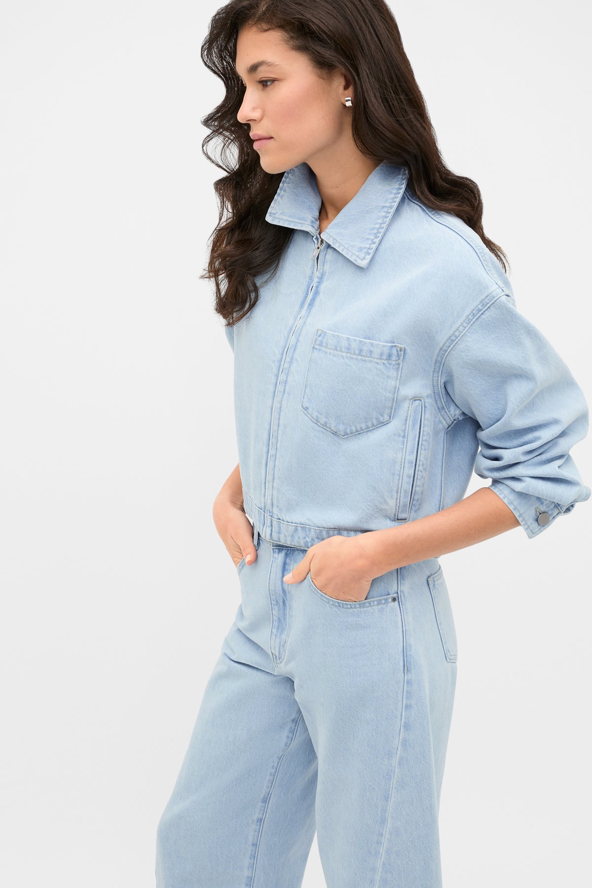 Cropped Zip Front Denim Jacket