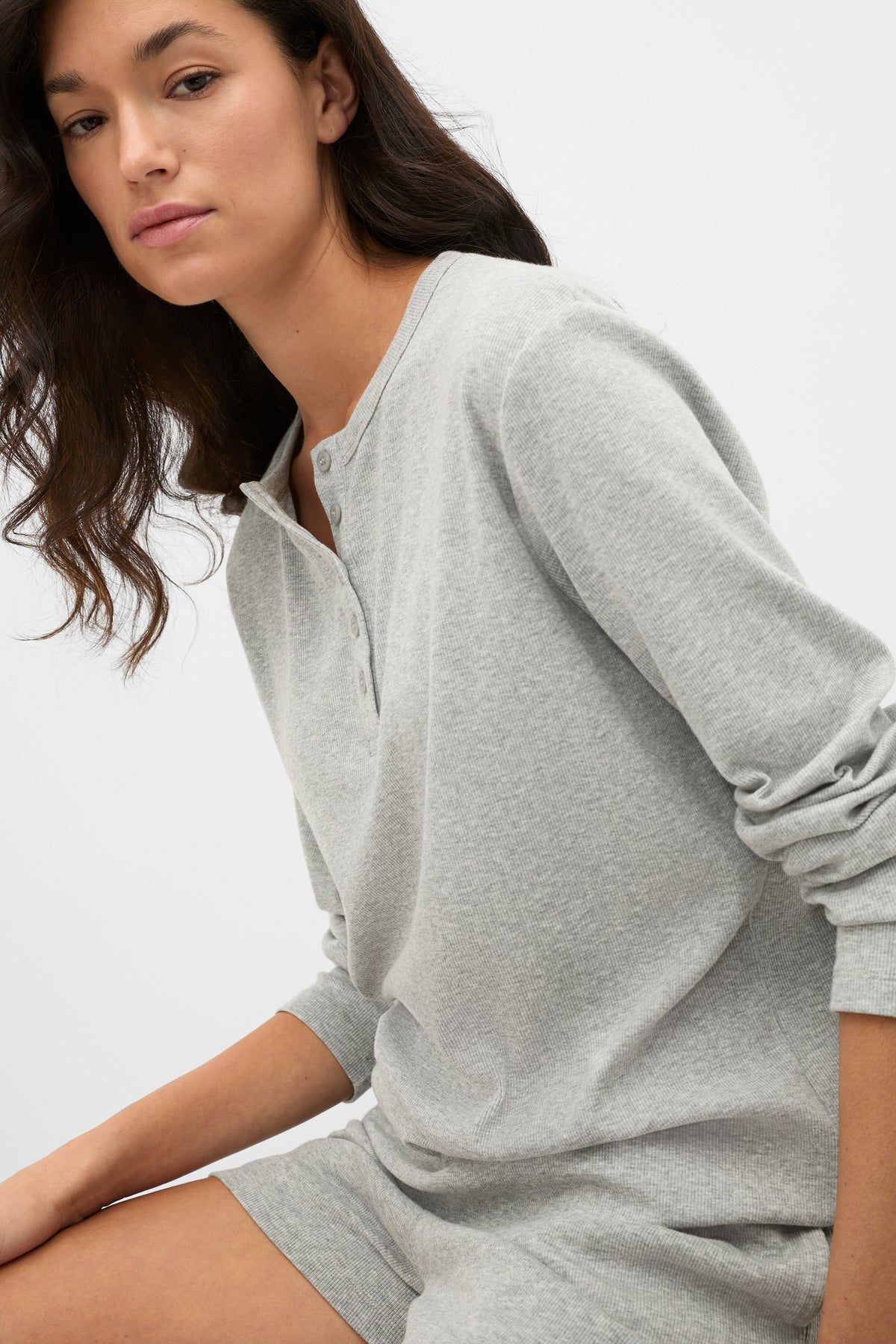 Ribbed Long Sleeve Henley and Short PJ Set