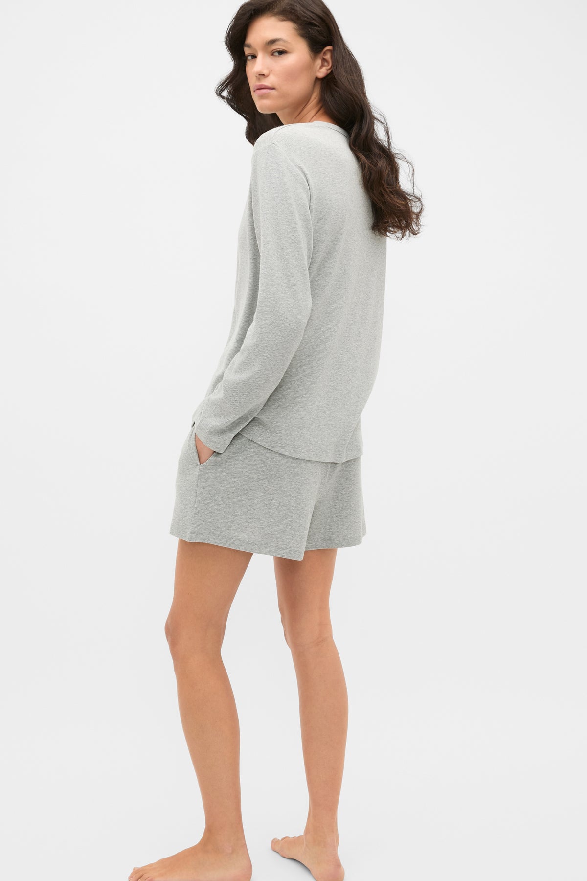 Ribbed Long Sleeve Henley and Short PJ Set