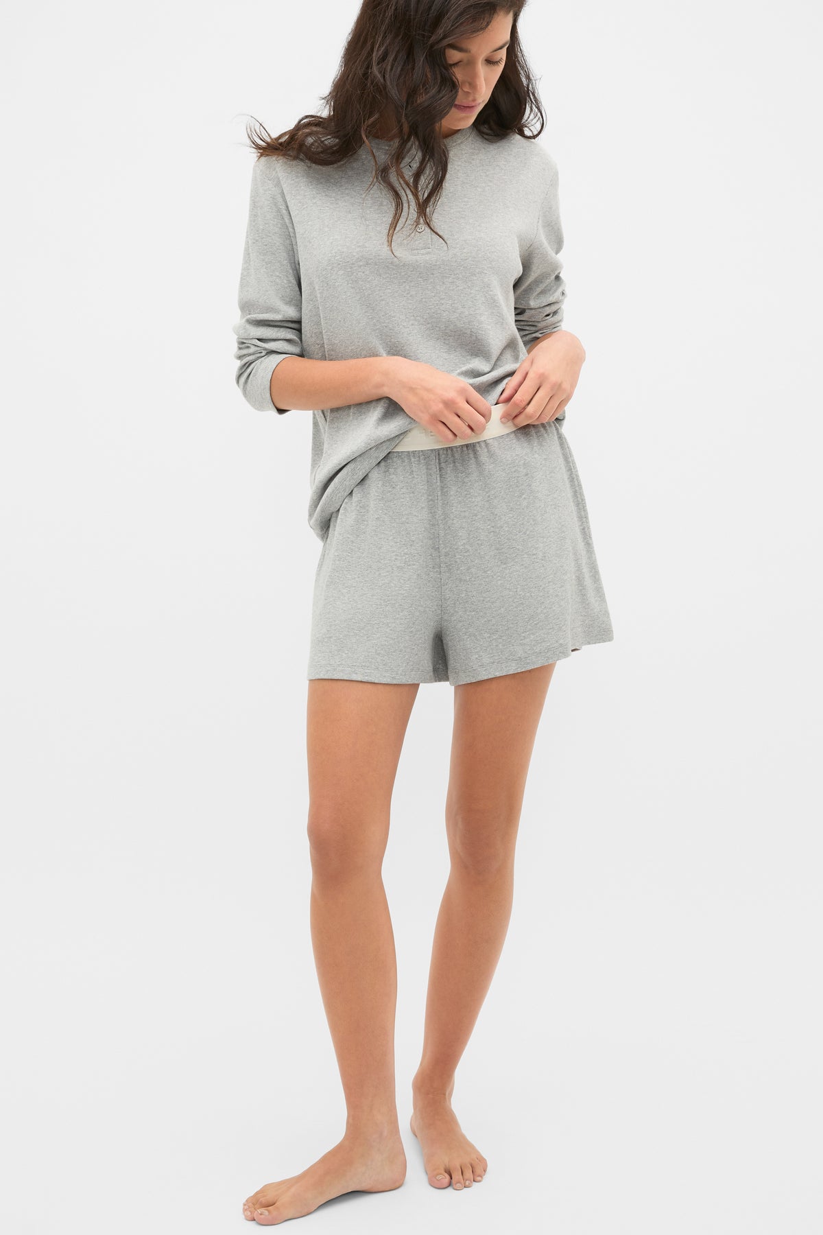 Ribbed Long Sleeve Henley and Short PJ Set
