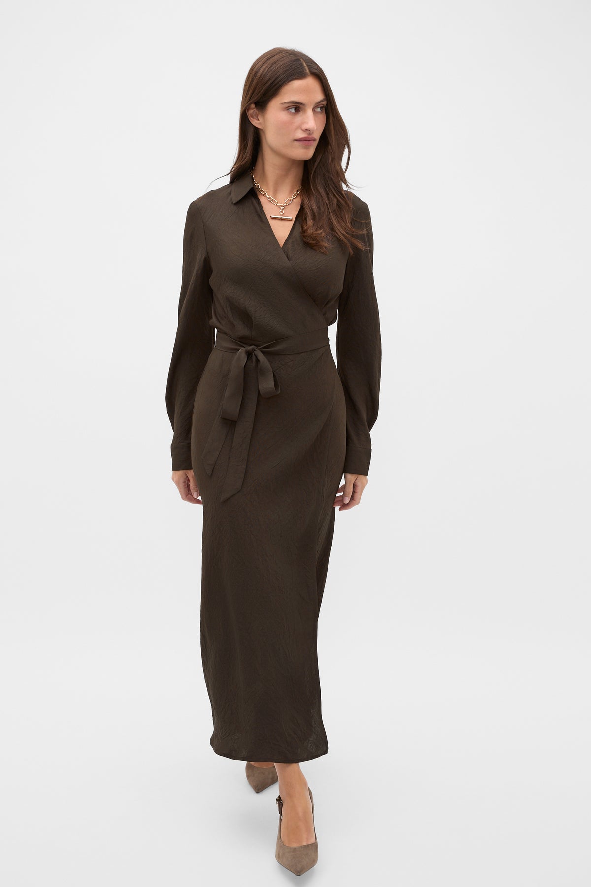 Textured Satin Wrap Shirt Dress