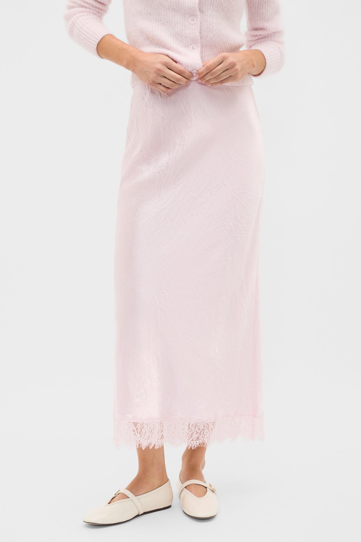 Crinkled Satin Lace Detail Skirt