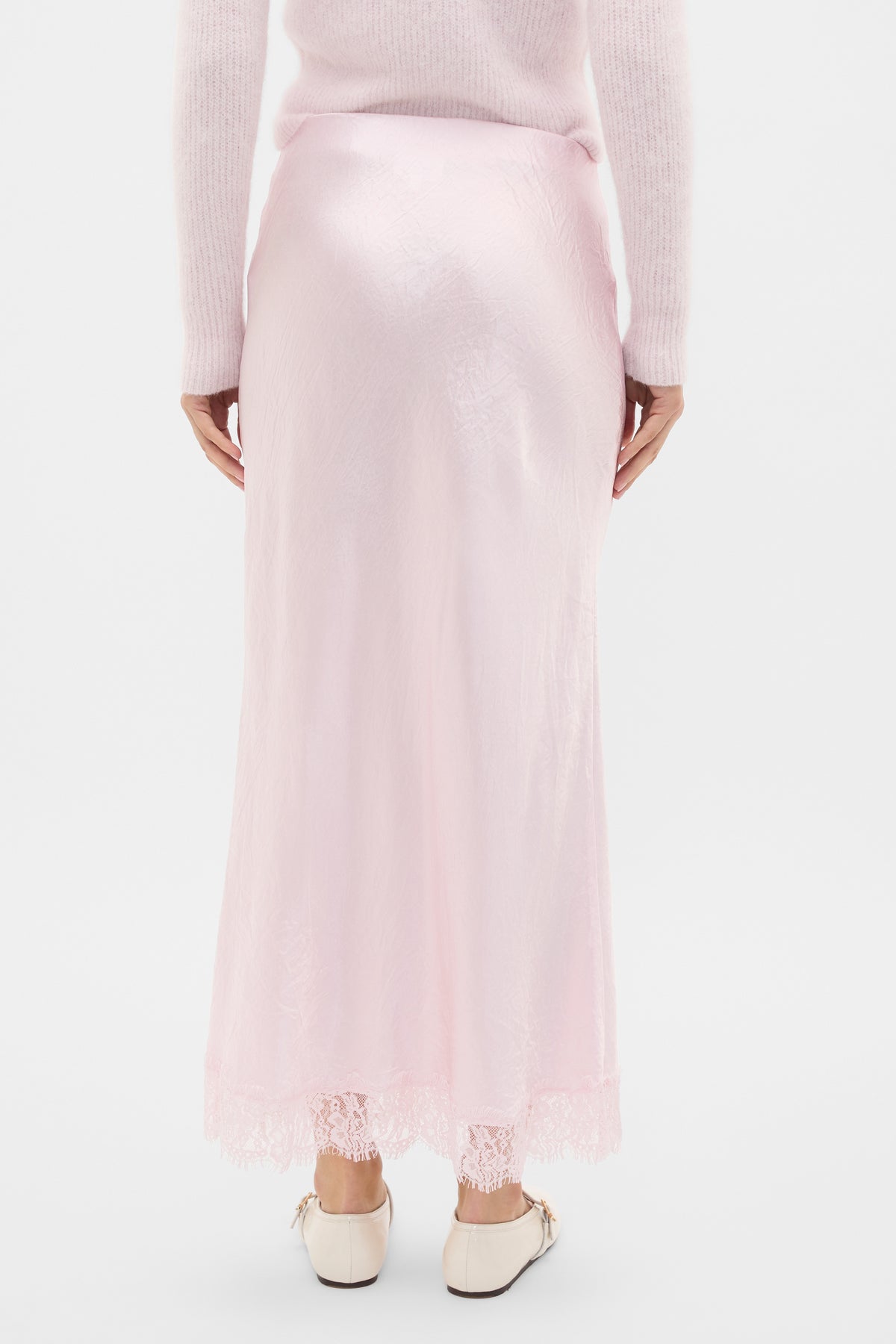Crinkled Satin Lace Detail Skirt