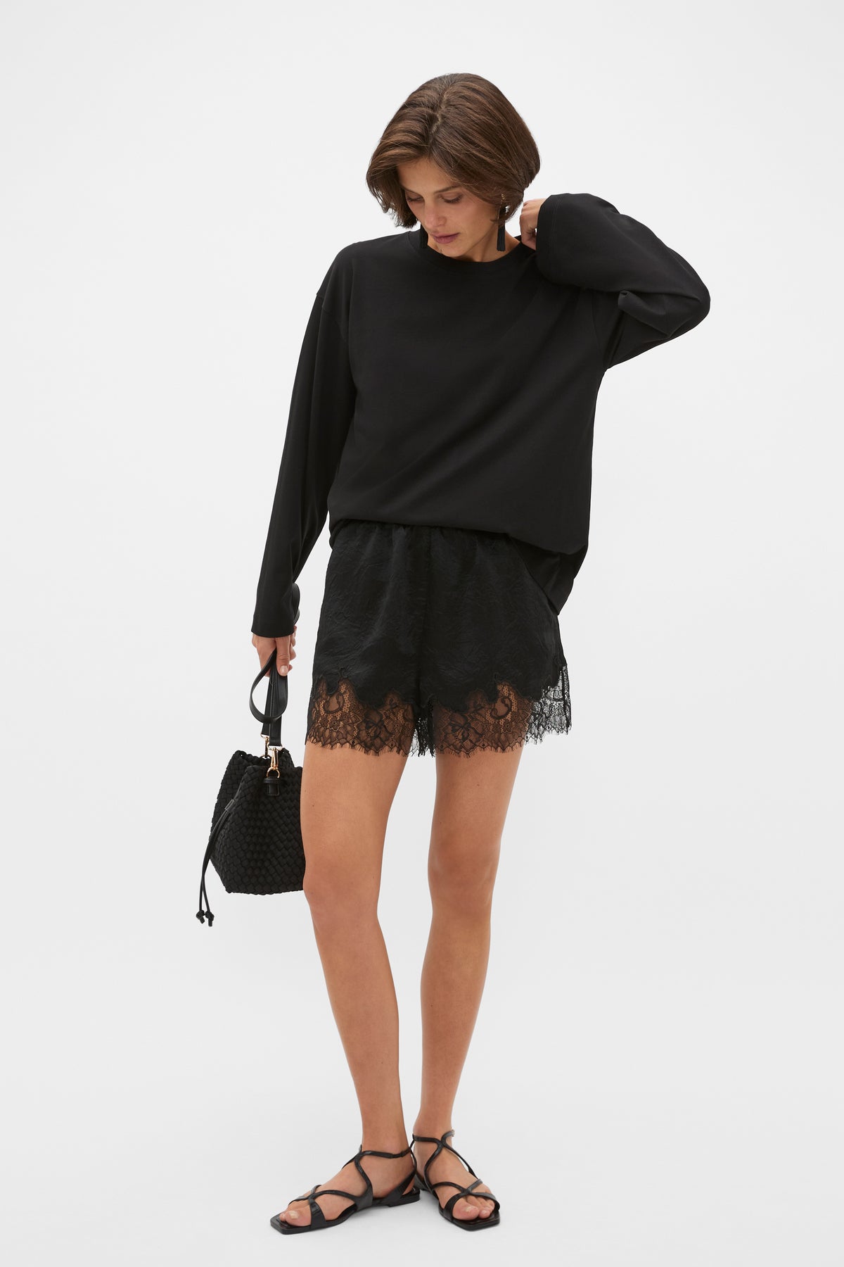 Crinkled Satin Lace Trim Short