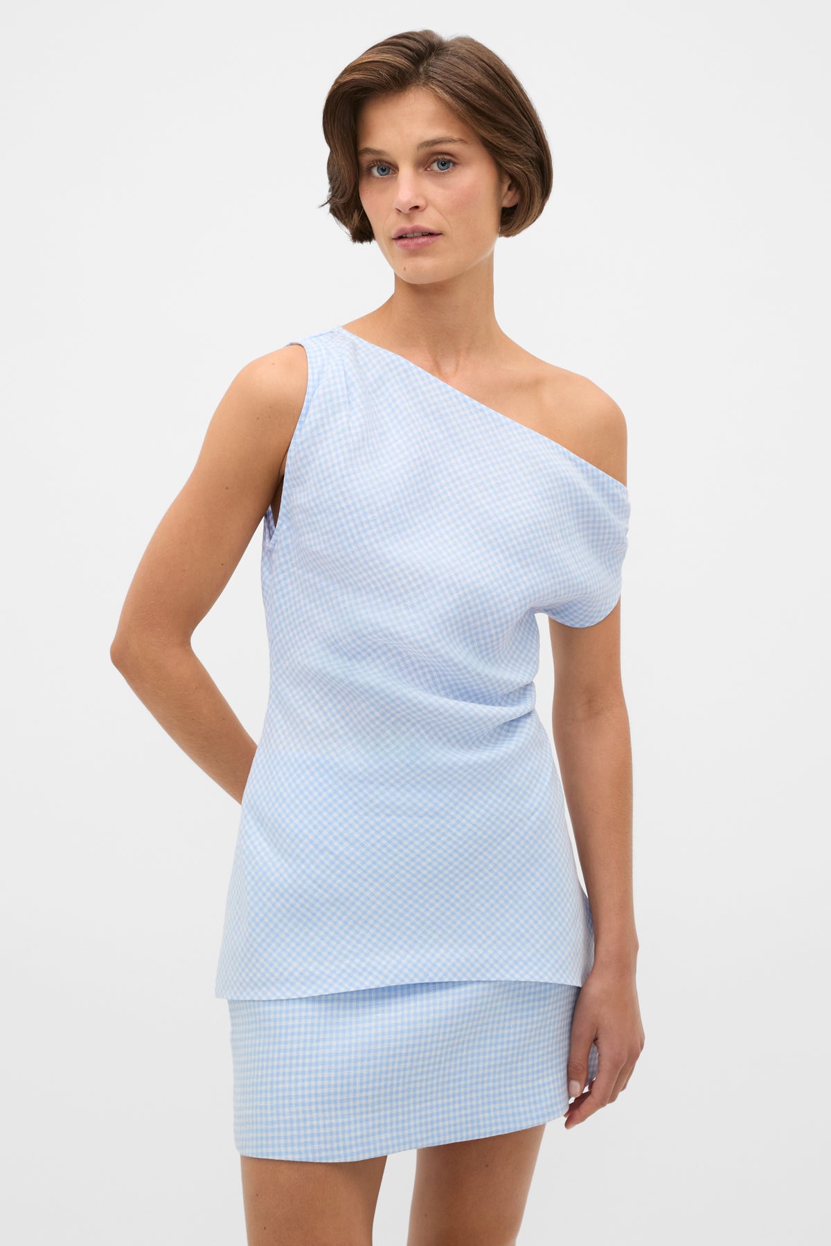 Linen Gingham Asymmetrical Top