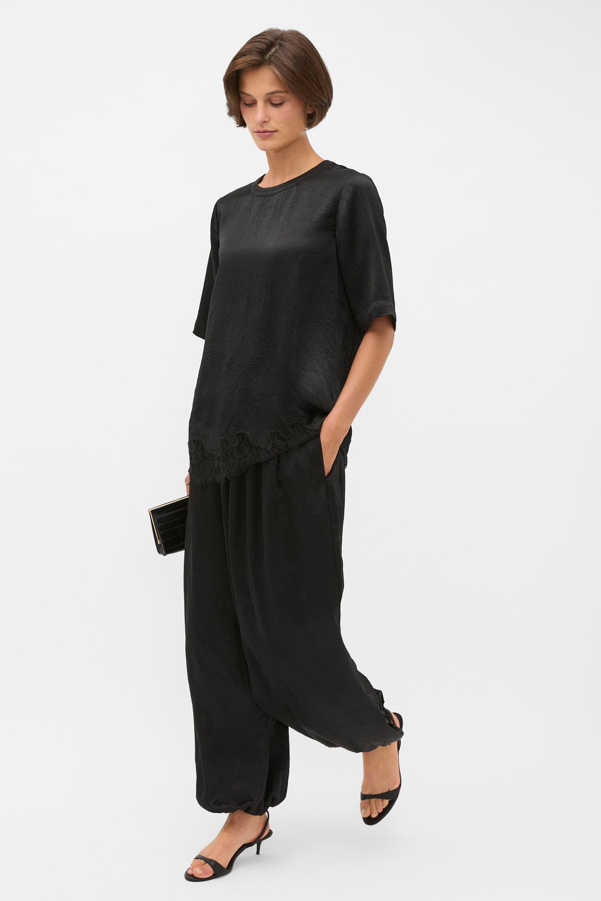 Crinkled Satin Longline Lace Tee