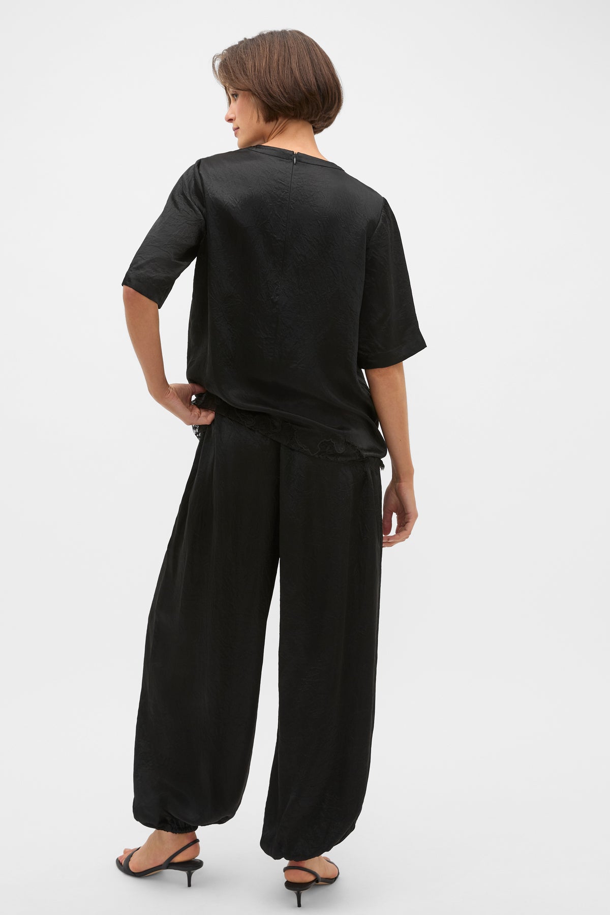 Crinkled Satin Longline Lace Tee