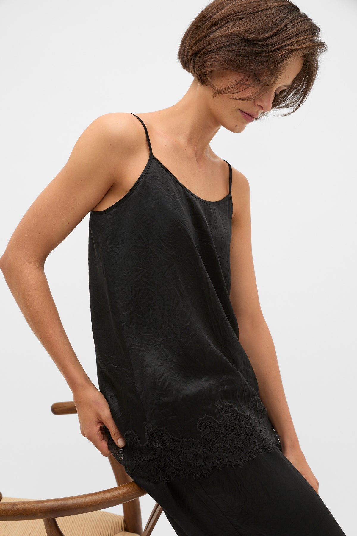 Crinkled Satin Lace Trim Cami
