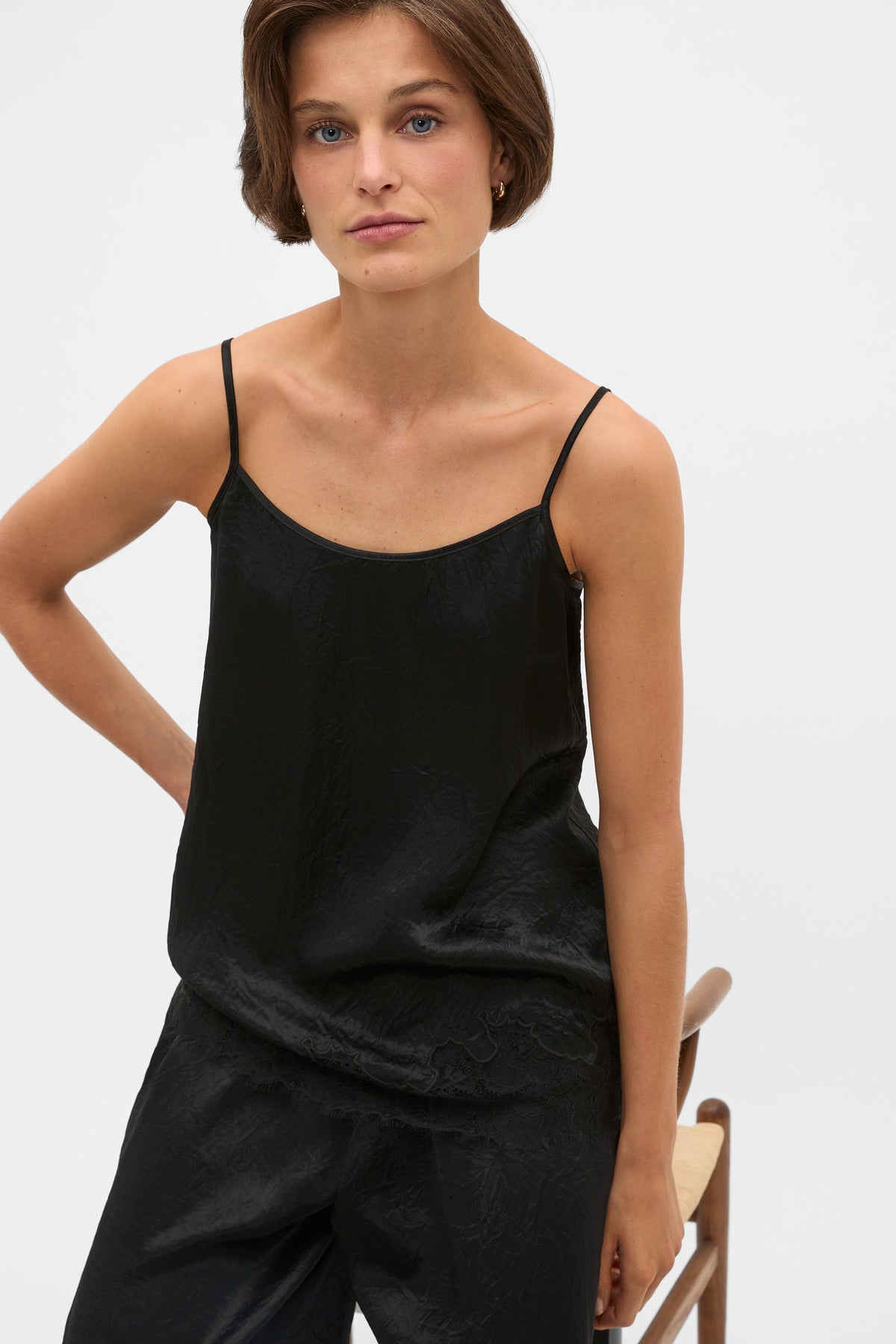 Crinkled Satin Lace Trim Cami