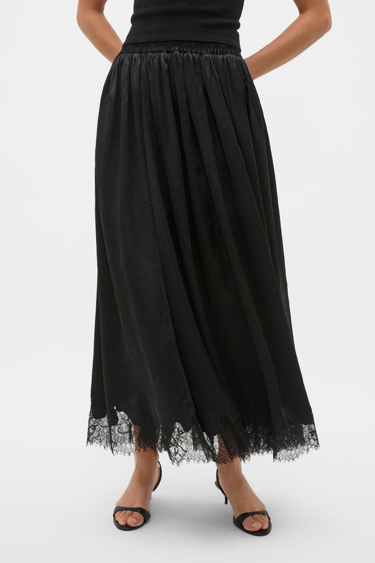 Crinkled Satin Lace Trim Skirt