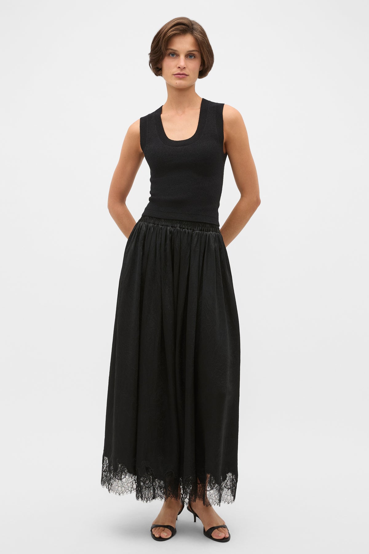 Crinkled Satin Lace Trim Skirt
