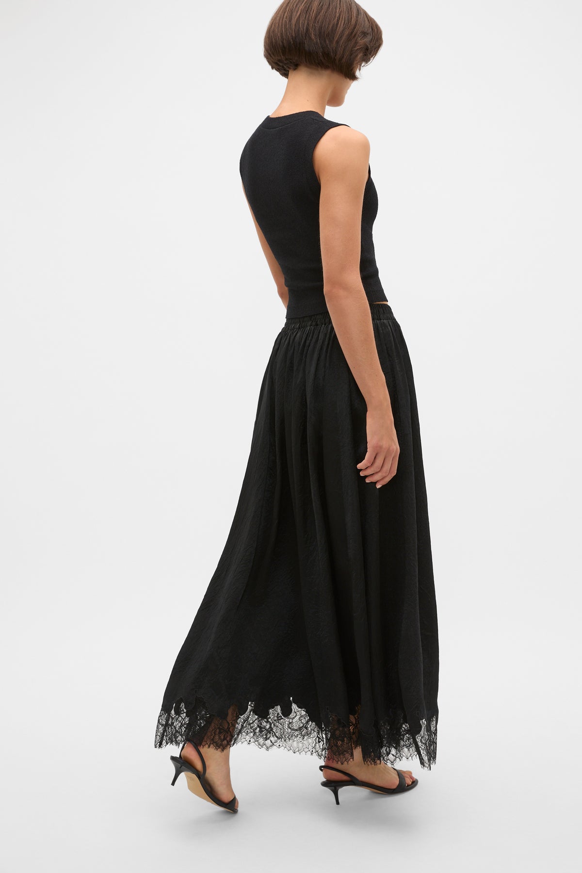 Crinkled Satin Lace Trim Skirt
