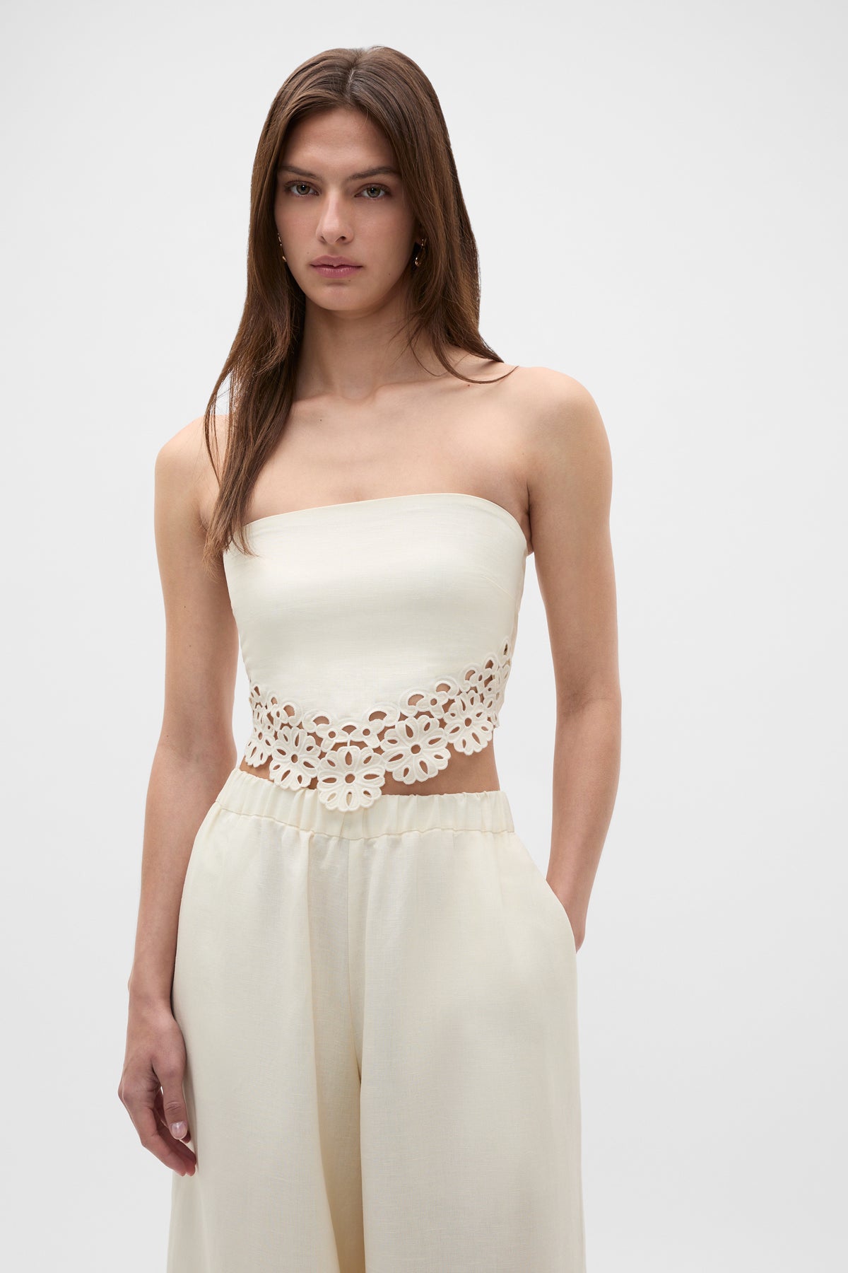Linen Blend Cutwork Strapless Top