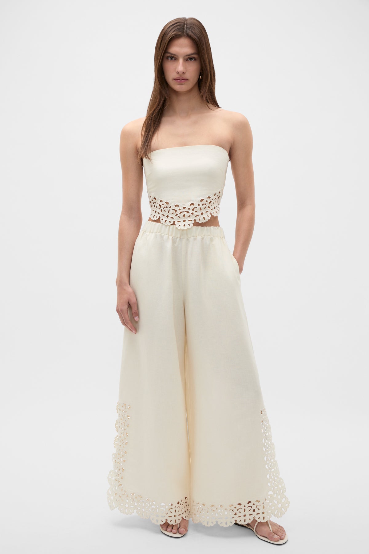 Linen Blend Cutwork Strapless Top
