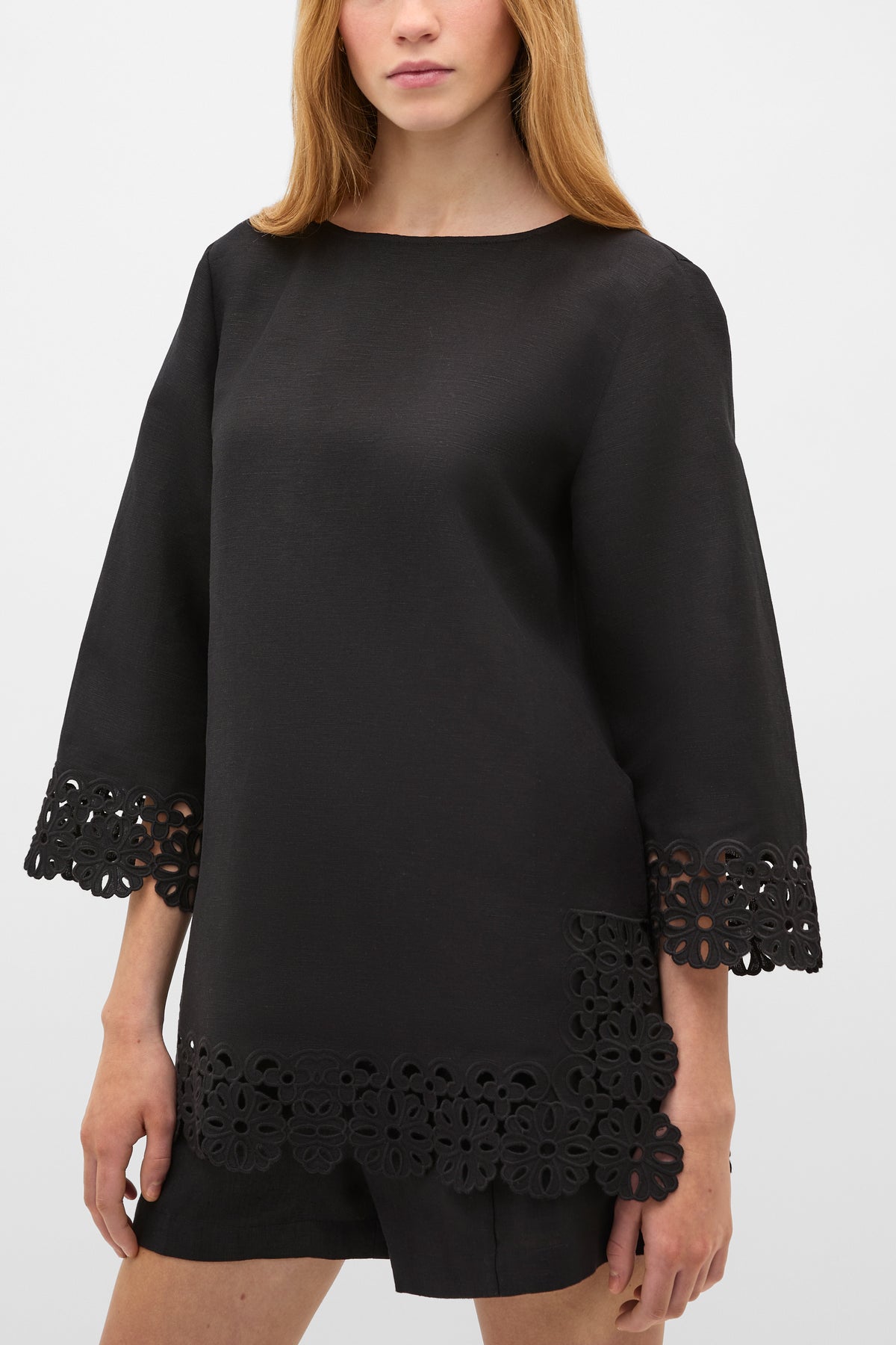 Linen Blend Cutwork Boxy Top