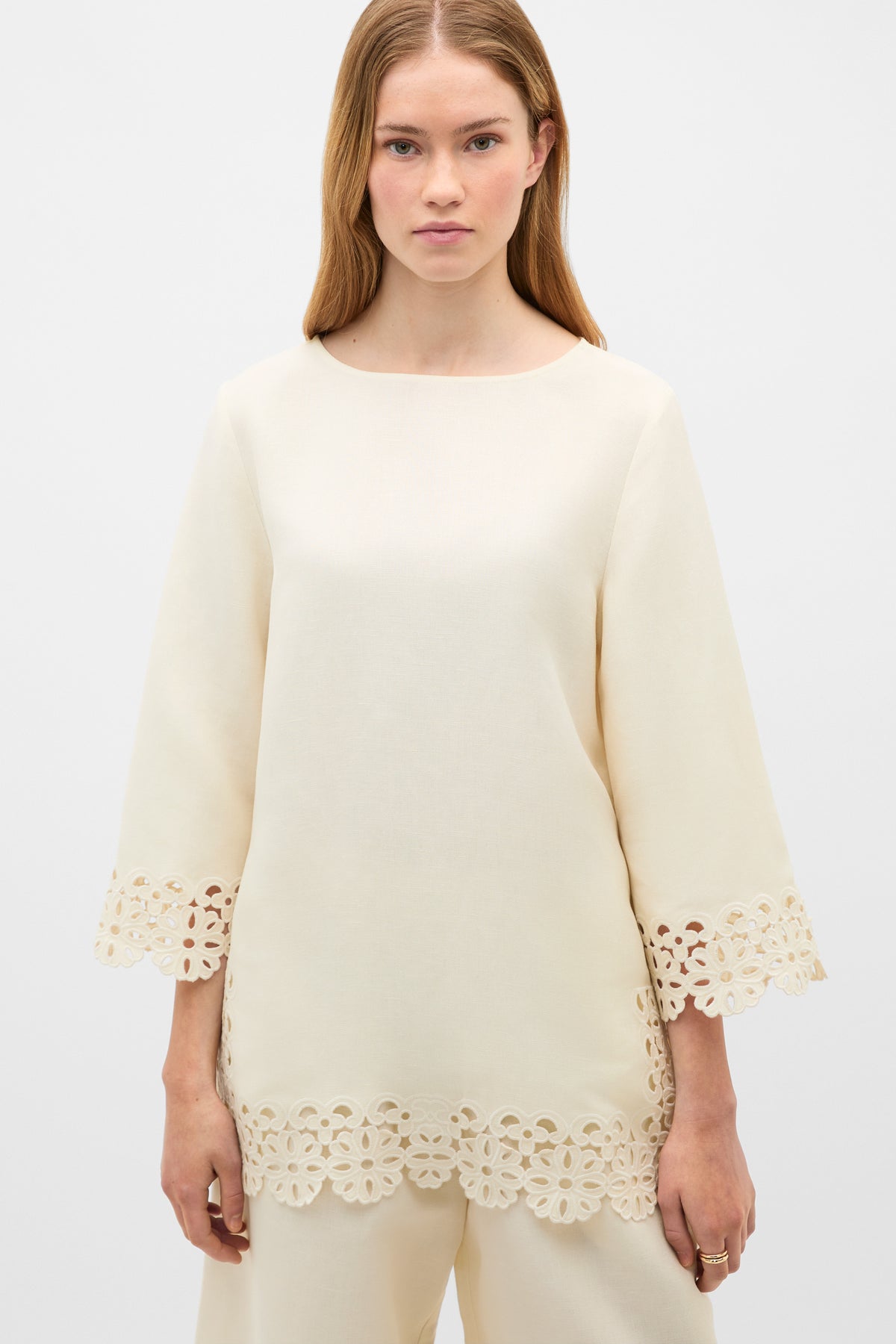 Linen Blend Cutwork Boxy Top