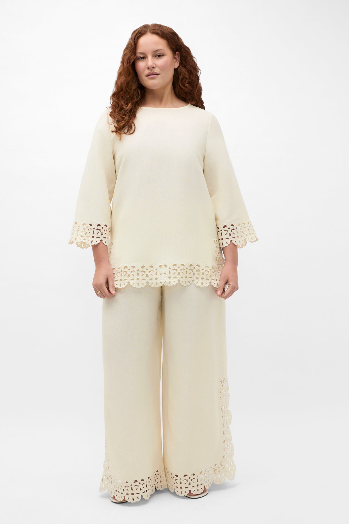 Linen Blend Cutwork Boxy Top