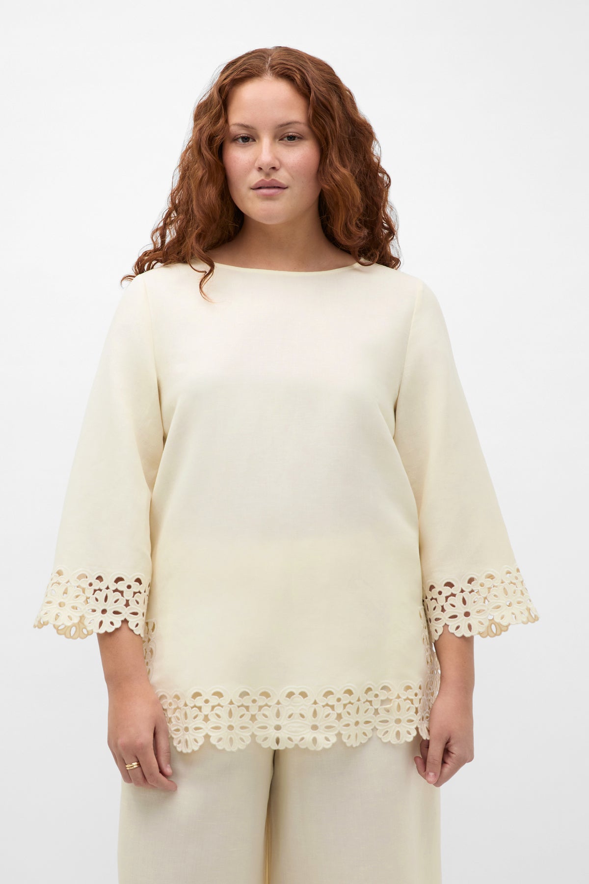 Linen Blend Cutwork Boxy Top