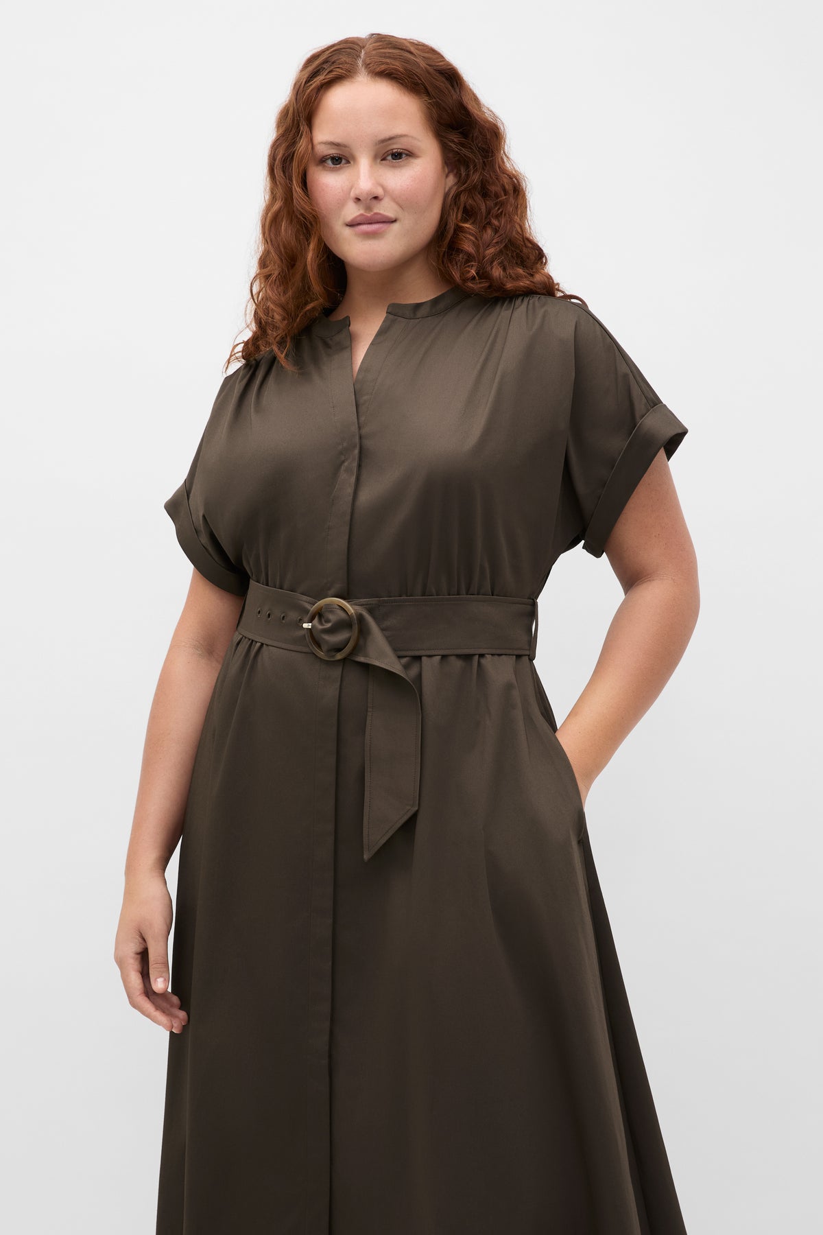Cotton Blend Belted Shirt Dress