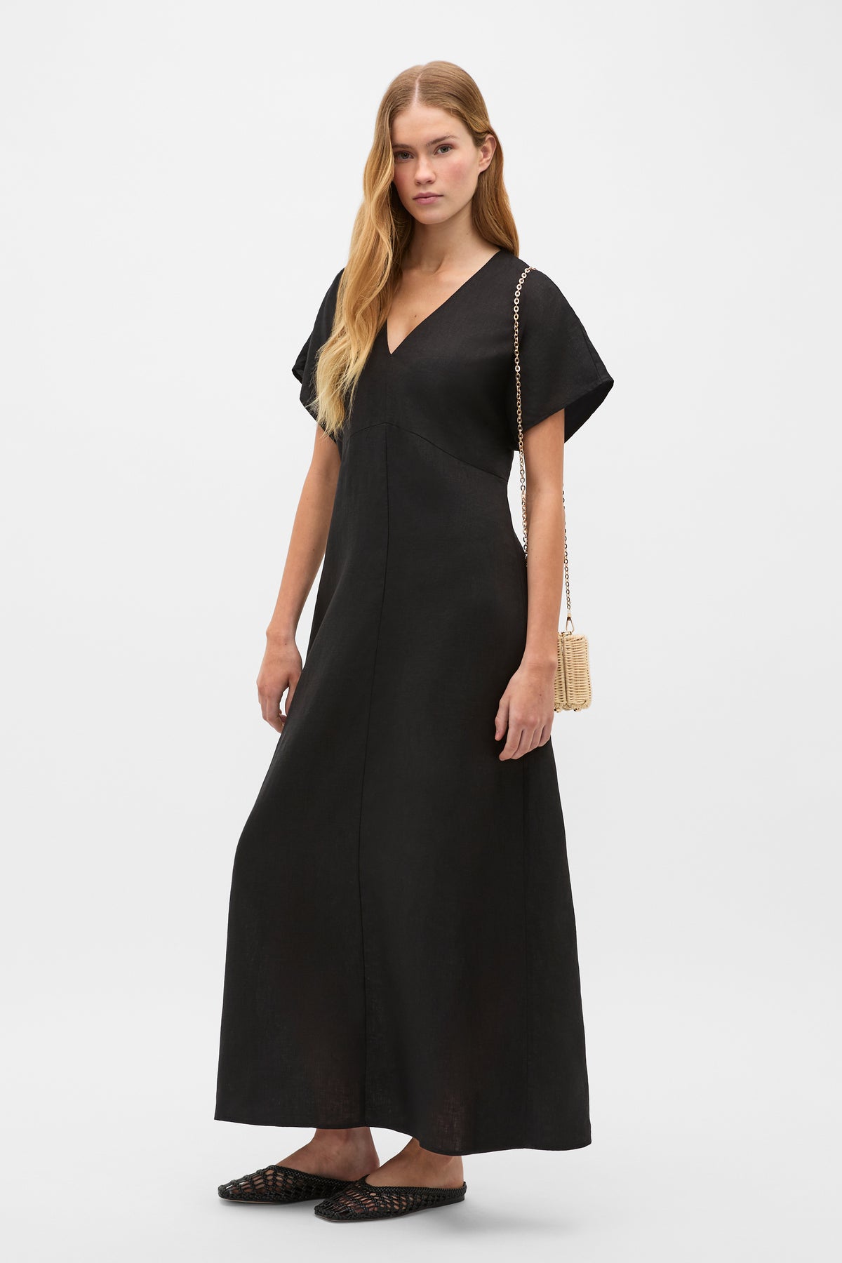 Linen V Neck Midi Dress