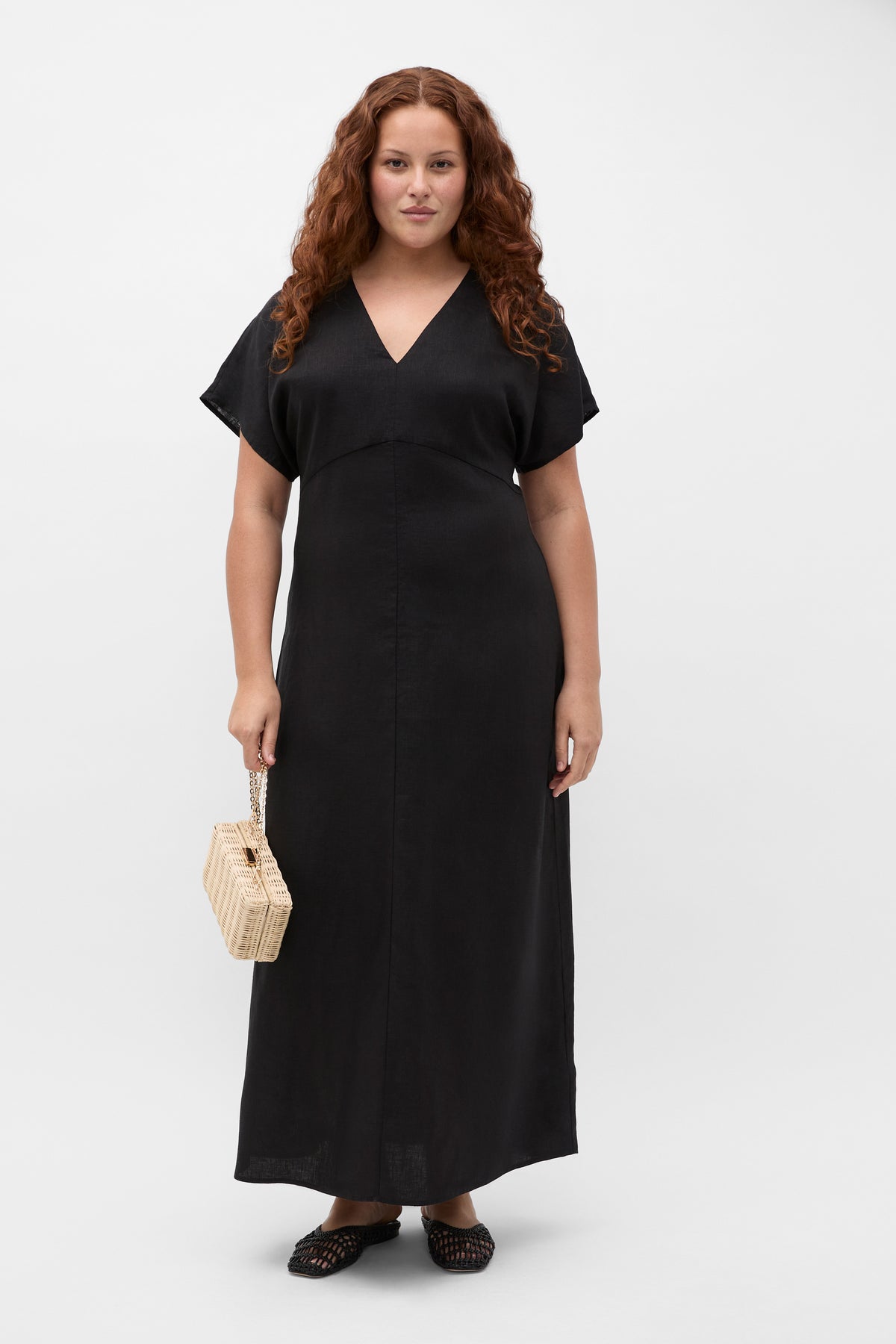 Linen V Neck Midi Dress