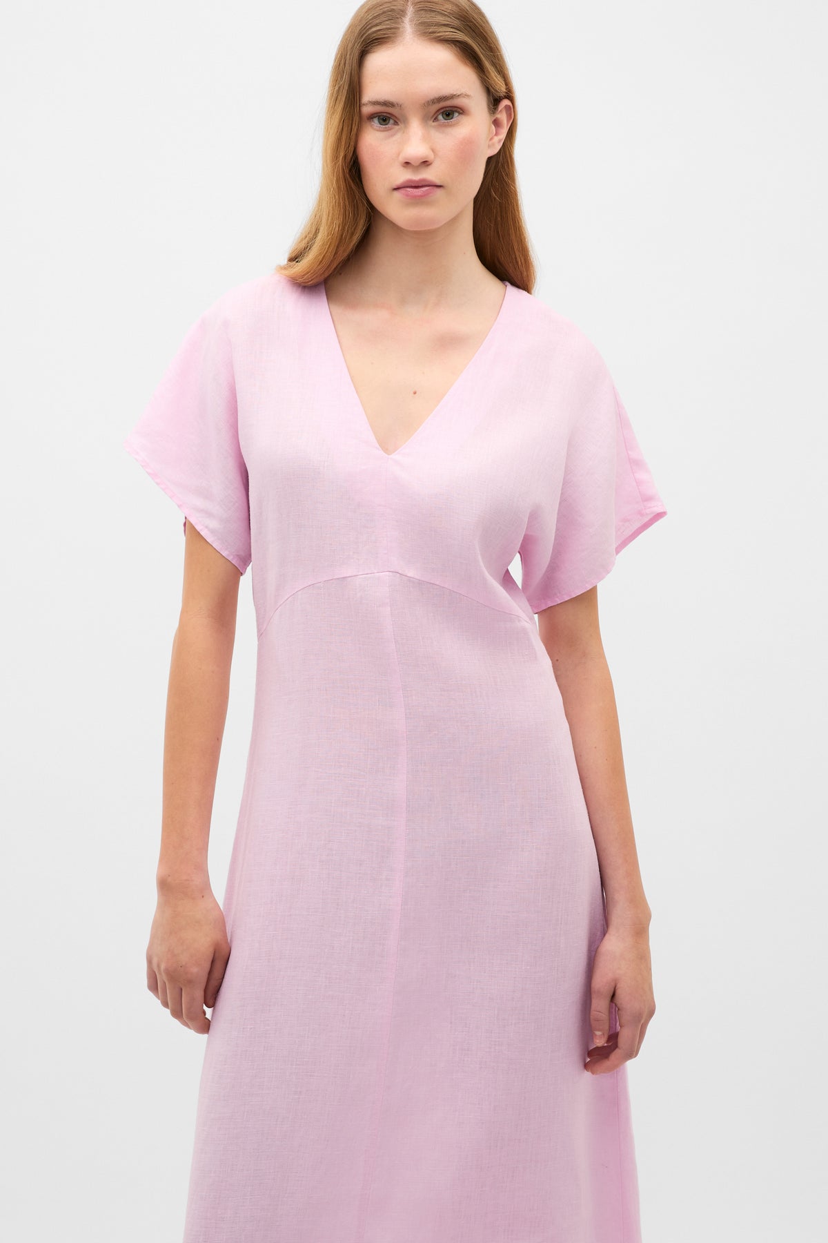 Linen V Neck Midi Dress