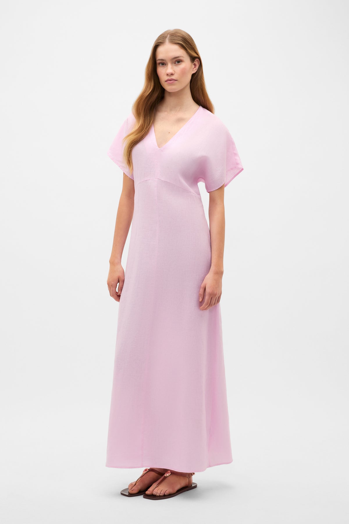 Linen V Neck Midi Dress