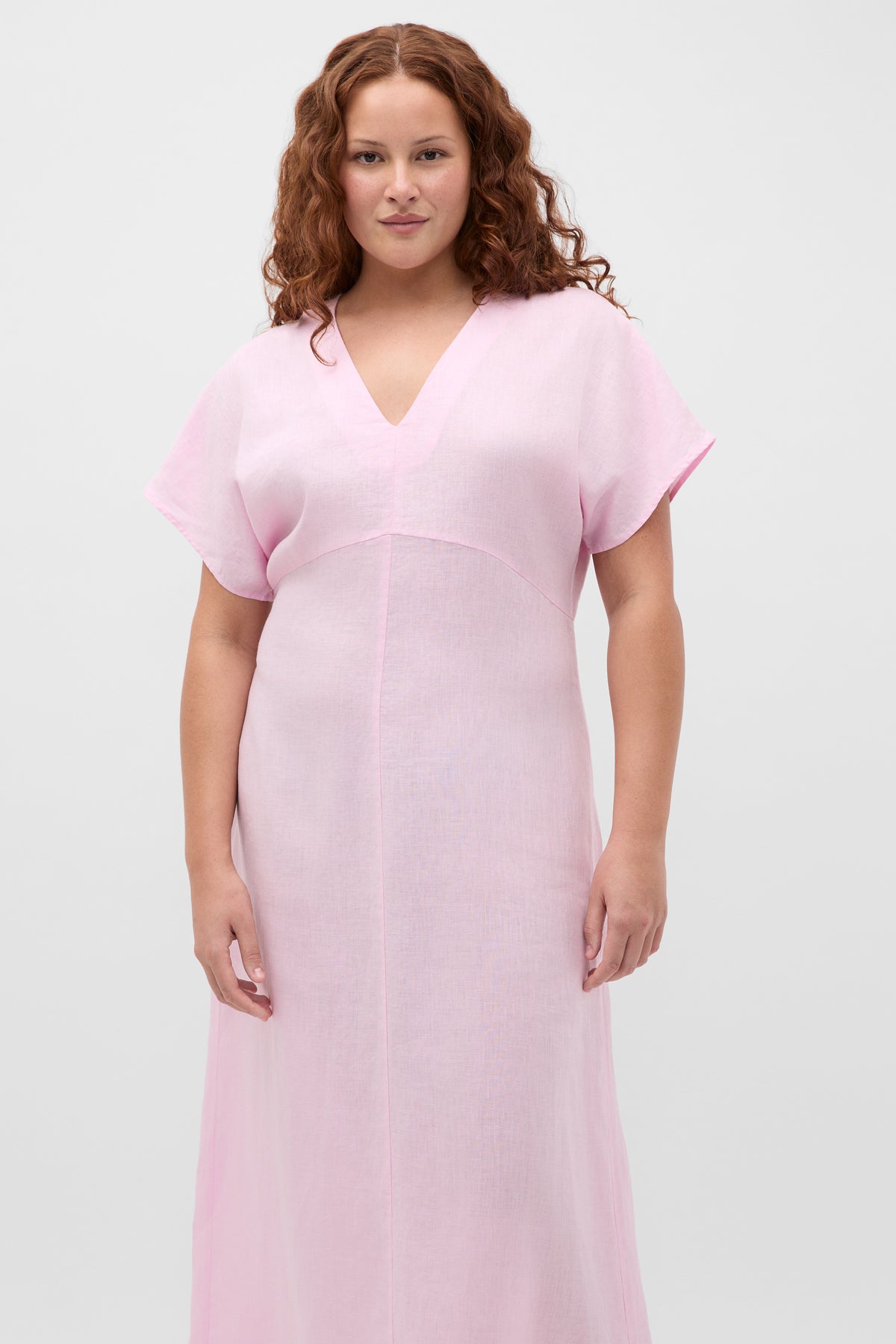Linen V Neck Midi Dress
