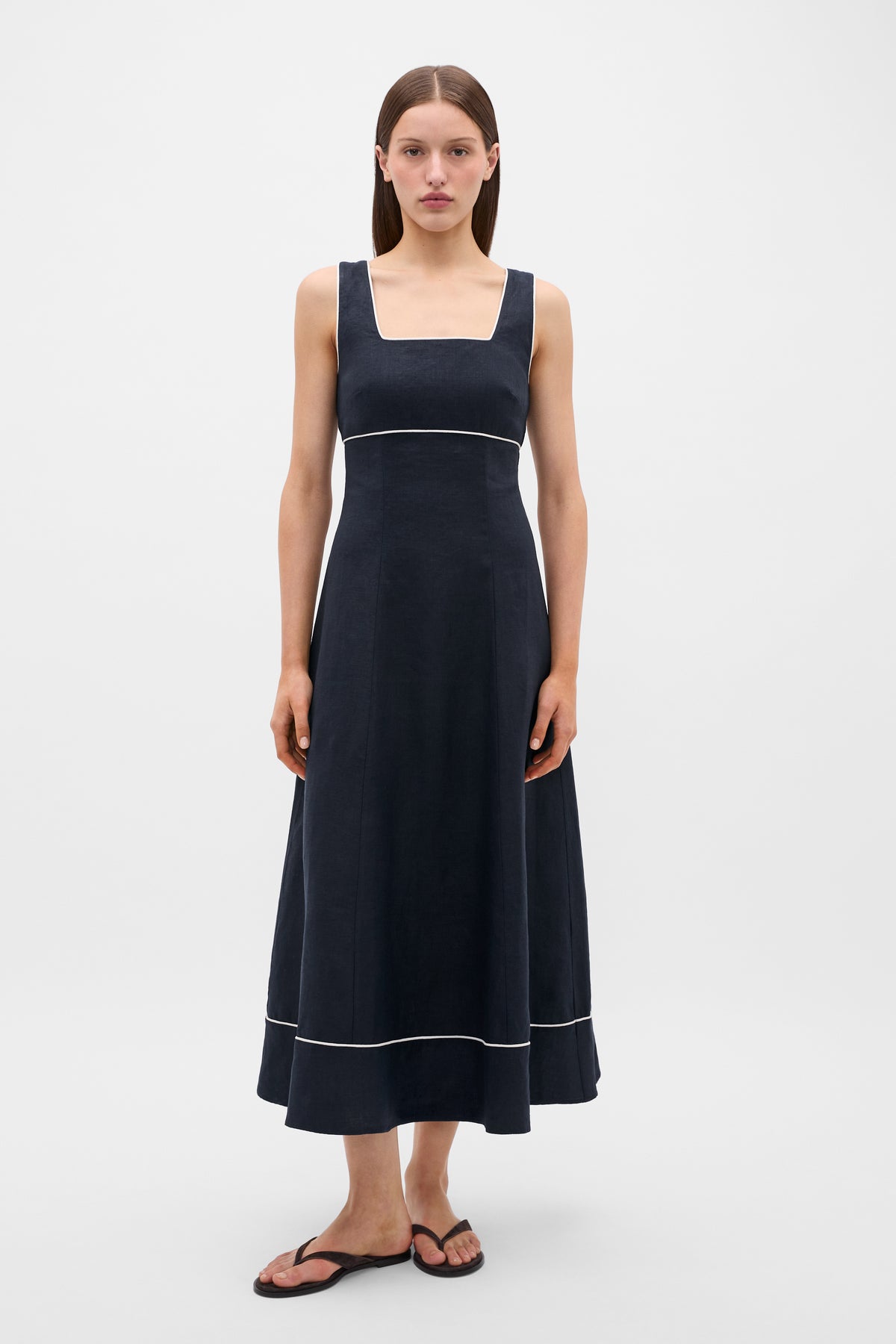 Linen Contrast Piping Midi Dress