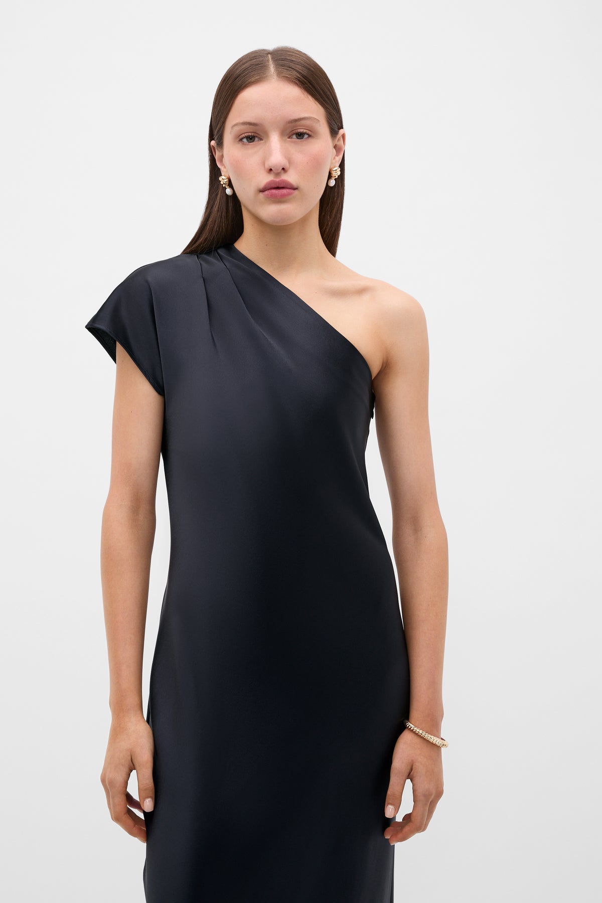 Satin Drape Shoulder Midi Dress