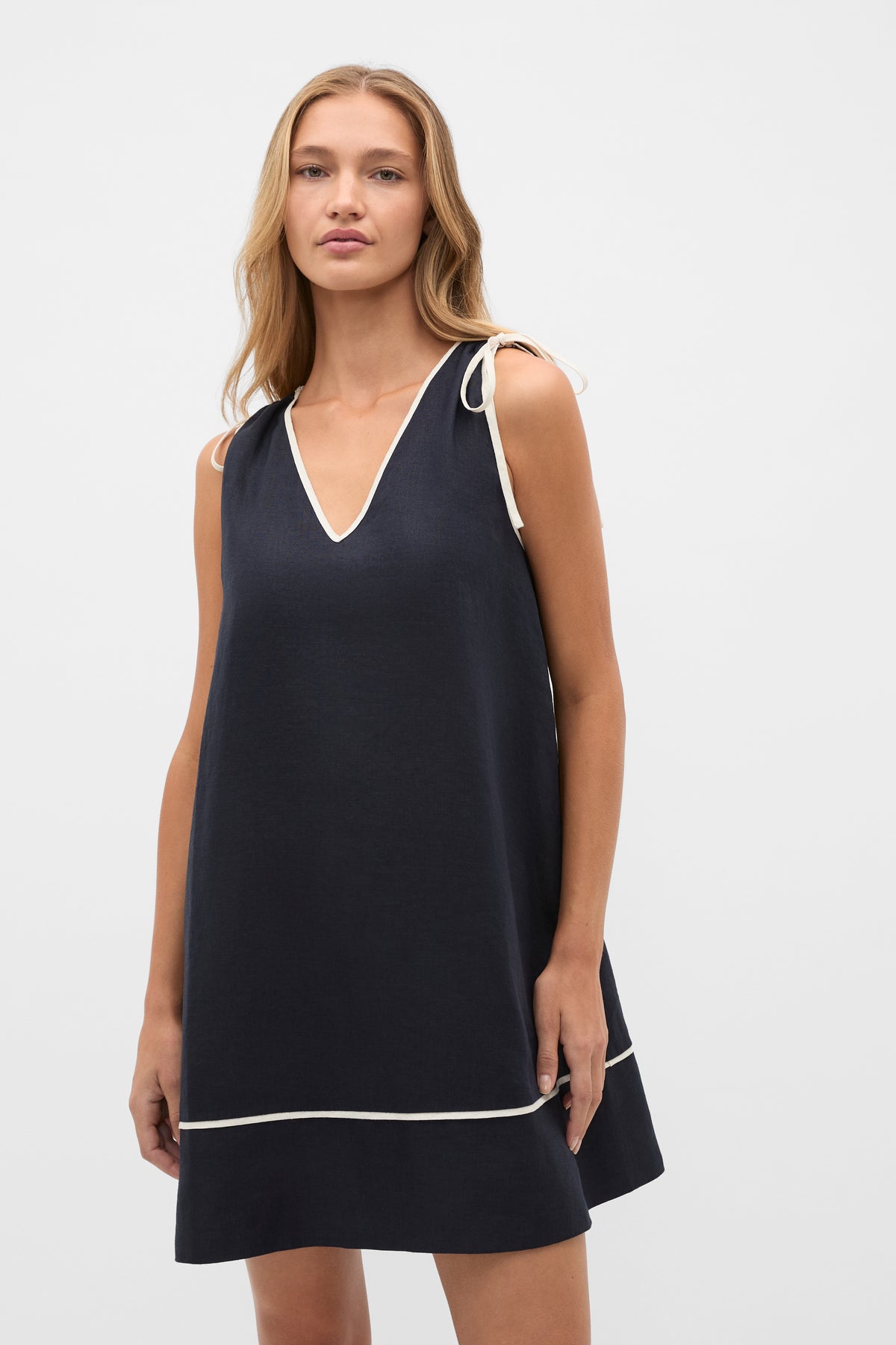 Linen Contrast Piping Mini Dress | Twilight Blue | Seed Heritage NZ